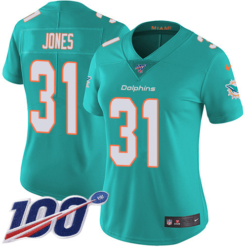 Nike Miami Dolphins 31 Byron Jones Aqua Green Team Color Women Stitched NFL 100th Season Vapor Untouchable Limited Jersey